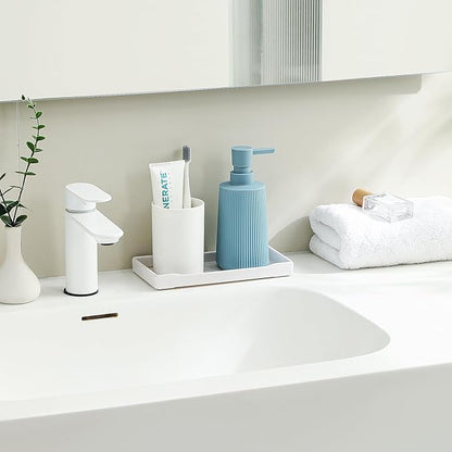 Small Soap Dispenser for Bathroom and Kitchen, Modern Farmhouse Striped Style Plastic Hand Soap Dish Soap Dispenser with Pump Light Blue - Image 2