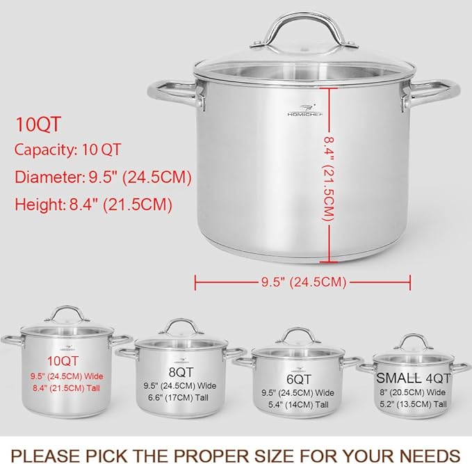 HOMICHEF 10 Quart Stock Pot With Glass Lid - Nickel Free Stainless Steel 10 Qt Pots With Handle - Mirror Polished StockPot 10 Quart - Induction Cooking Pots With Lid - Healthy Soup Pot - Image 4