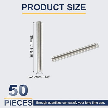 PATIKIL Slotted Spring Pin, 50 Pcs 1/8" x 1-3/16" (3.2mm x 30mm) 304 Stainless Steel Split Roll Pins Spring Dowel for Home Improvement Automotive Machine Repair, Silver