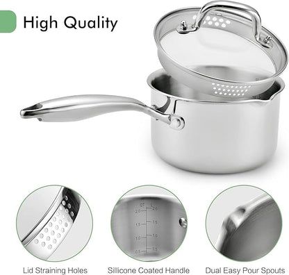 Tri-Ply Stainless Steel Sauce Pan with Steamer Basket & Strainer Glass Lid–Multi-Function Pot 3.5 QT- Modern Sleek Design–Safe,Chemical-Free& Stylish Cookware–Upgrade Your Kitchen with Healthy Cooking