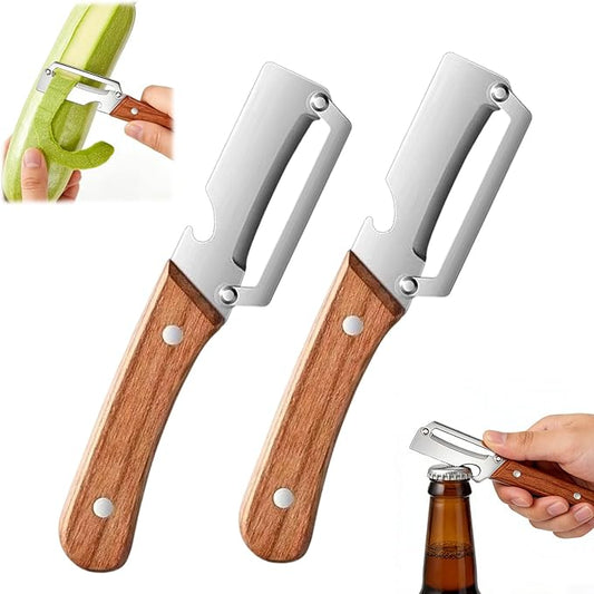 Multi-Functional Vegetable Peeler for Kitchen, 2 in 1 Stainless Steel Vegetable Peeler with Wooden Handle and Bottle Opener,Kitchen Tool for Fruit Apple Potato Carrot Pumpkin Papaya (2pcs) by RIHUALS