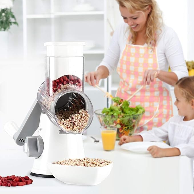 Ourokhome Rotary Cheese Grater Hand Crank, Kitchen Shredder Speed Mandolin Slicer Nuts Grinder with Handle and Drum Blades for Cheese, Vegetable, Walnuts, Chocolate, Potato, Carrot, 3 Blades, White - Image 9