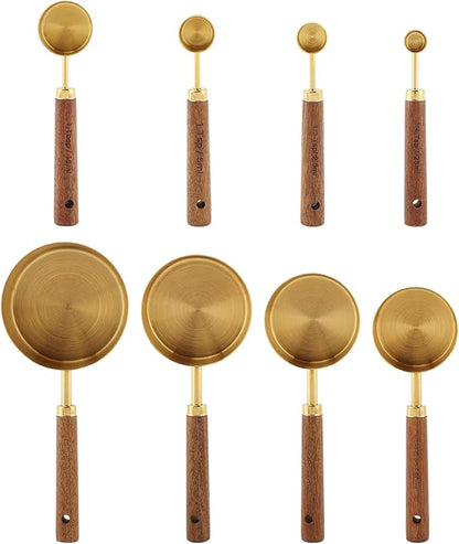 8Pcs Gold Measuring Cups and Spoons Set, Golden Stainless Steel Measuring Cups with Wooden Handle and 4 Measuring Spoons Set for Kitchen Baking Cooking - Image 2
