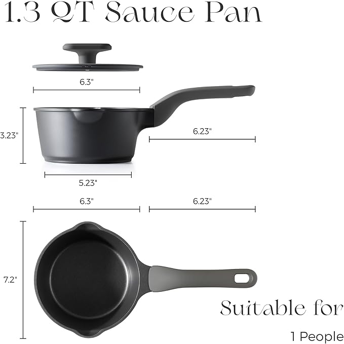 PRICUSIS Ceramic Nonstick Saucepan with Lid, 1.3 Quart Non Toxic Pot with Pour Spouts, Full Coated, 100% Dishwasher Safe, Induction Compatible & Oven Safe, PFOS & PFOA Free, Black Sesame - Image 2