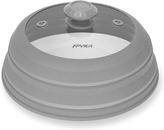 Microwave Splatter cover, Glass Microwave Cover for Food, 11.8 inch Guard Lid with Collapsible Silicone for 6-11 inch Plates & Bowls, Dishwasher Safe, 450°F Heat Resistant, BPA-Free, Gray