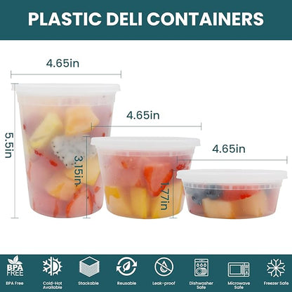 WGCC Deli Containers with Lids 48 Sets- Disposable Soup Containers 8oz, 16oz, 32oz - Plastic Containers with Lids, Food Container Leakproof, BPA Free/Microwave/Freezer/Dishwasher Safe