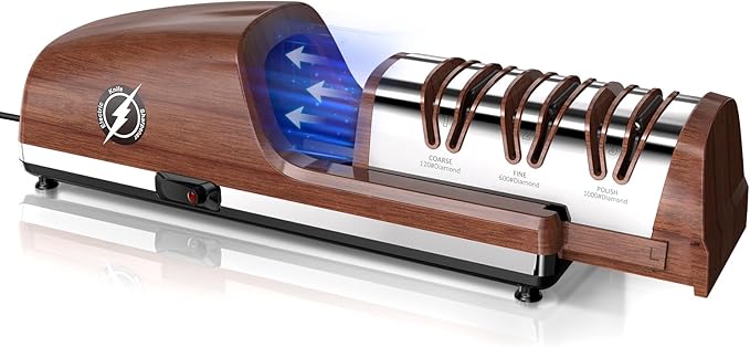 Replaceable Sharpener Electric Knife Sharpener, 3-Stage with 100% Diamond Abrasives & Precision Angle Guides, Kitchen Knife Sharpener with Sharpening and Polishing Function (Dark oak wood grain) by Unknown
