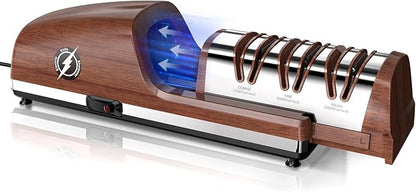Replaceable Sharpener Electric Knife Sharpener, 3-Stage with 100% Diamond Abrasives & Precision Angle Guides, Kitchen Knife Sharpener with Sharpening and Polishing Function (Dark oak wood grain) by Unknown