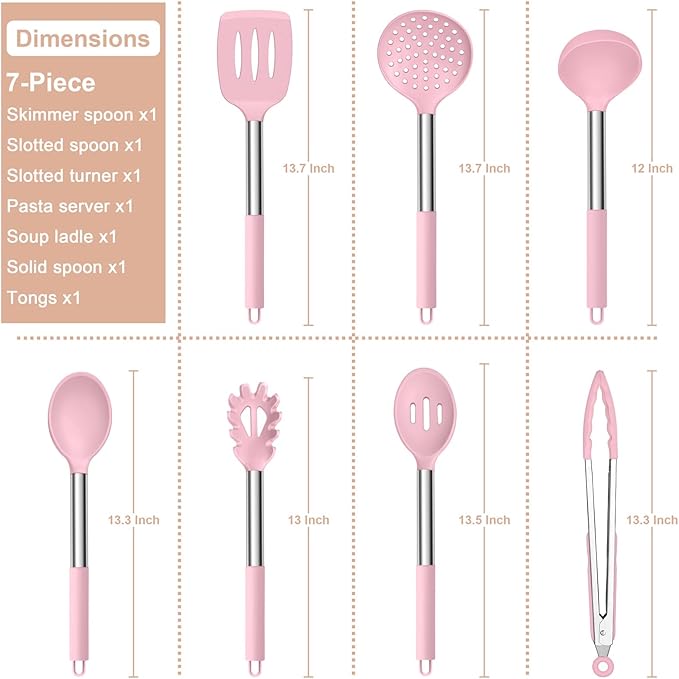 E-far Silicone Cooking Utensils Set, 7 Pcs Heat Resistant Kitchen Utensils with Stainless Steel Handle, Slotted Turner, Spoon, Soup Ladle, Pasta Server, Skimmer, Tongs for Nonstick Cookware, Pink - Image 2