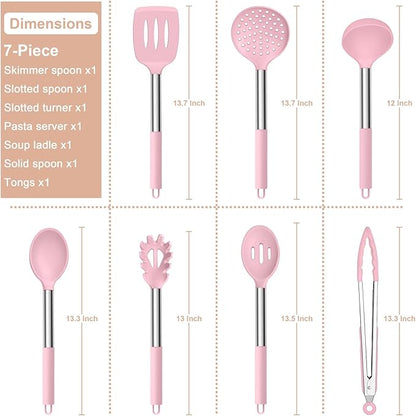 E-far Silicone Cooking Utensils Set, 7 Pcs Heat Resistant Kitchen Utensils with Stainless Steel Handle, Slotted Turner, Spoon, Soup Ladle, Pasta Server, Skimmer, Tongs for Nonstick Cookware, Pink - Image 2