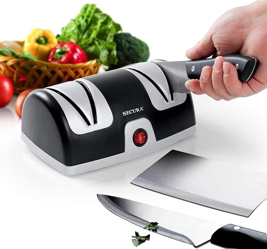 Secura 2-Stage Electric Knife Sharpener with Diamond Abrasives and Precision Angle Guides, Professional Sharpening Tool for Kitchen Straight Edge and Ceramic Knife, Black by Secura