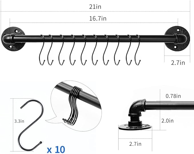 Industrial Pipe Pot Pan Rack 21" (2 Pack), Wall mount Pot hangers Pan Hanging Rail Lid Hanger for kitchen with 10 S Hooks - Image 2