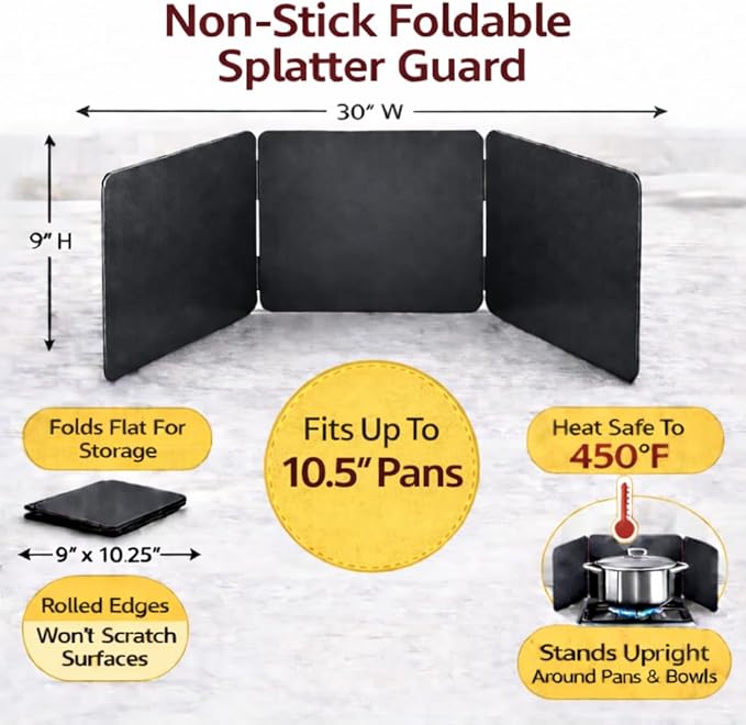 HIC Kitchen 3-Sided Splatter Guard, Non-Stick Carbon Steel, Heat Safe, Set of 2, Folds Flat For Storage, Fits Up To 10.5-Inch Pans And Bowls - Image 5