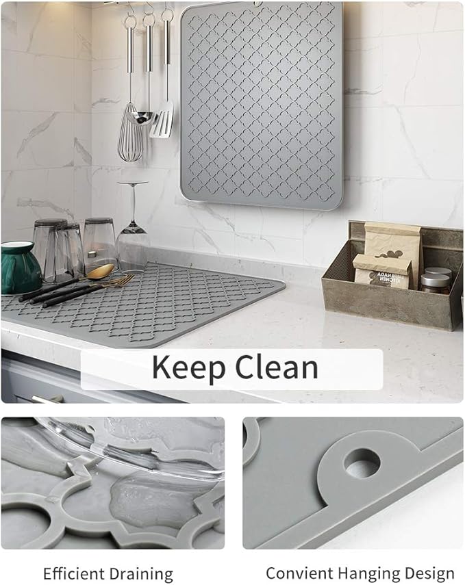 AMOAMI-Dish Drying Mats for Kitchen Counter-Silicone Dish Drying Mat-Kitchen Dish Drying Pad Heat Resistant Mat-Kitchen Gadgets Kitchen Accessories Kitchen Small Appliances(12" x 16", GREY) - Image 2