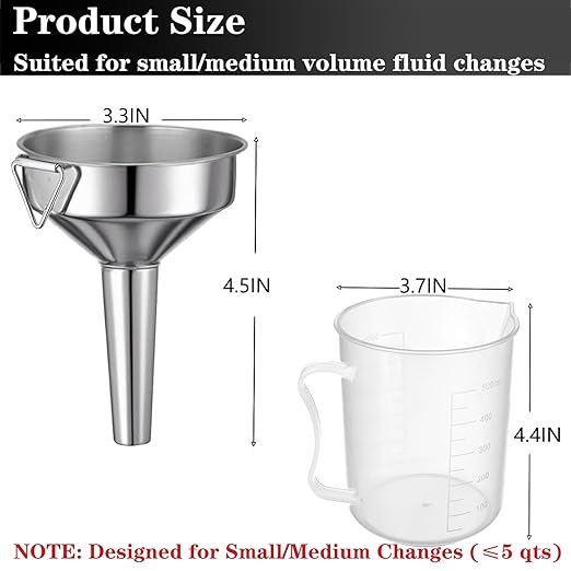 Steel Transmission Funnel for Automotive Use, Wide Mouth Oil Funnel with 2 Different Diameter Clear Plastic Tubing (3.28 Ft Each) for Car, Gasoline, Engine, Coolant, Water, Fluid, Oil Change