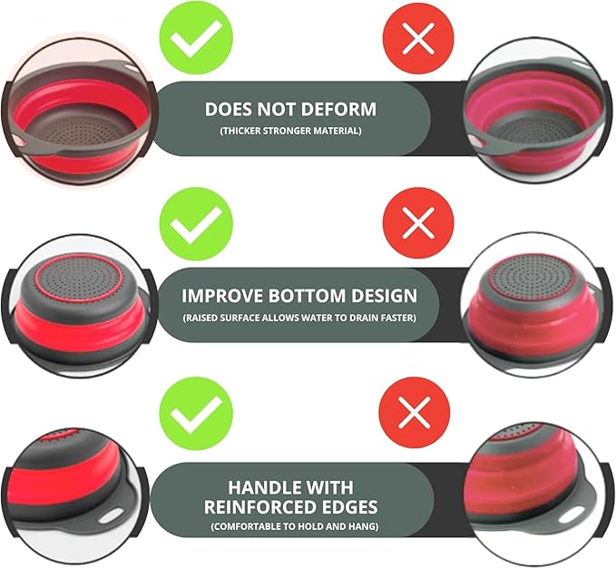 Red Round Silicone Collapsible Colander – Silicone Round Kitchen Strainers with Plastic Handles Foldable Kitchen Strainer Small Perfect for Draining Pasta Vegetable and Fruit - Image 3