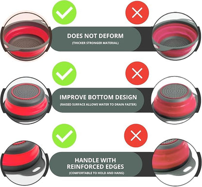 Red Round Silicone Collapsible Colander – Silicone Round Kitchen Strainers with Plastic Handles Foldable Kitchen Strainer Small Perfect for Draining Pasta Vegetable and Fruit - Image 3