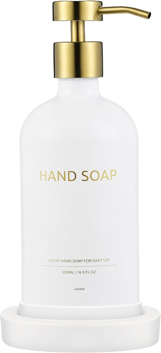 Glass Soap Dispenser Bathroom Set by Janxin, Foaming Kitchen soap Dispenser with Ceramic Tray for Dish Soap, Liquid Soap Dispenser for Hand Soap, Lotion, Body Wash (White+Gold)