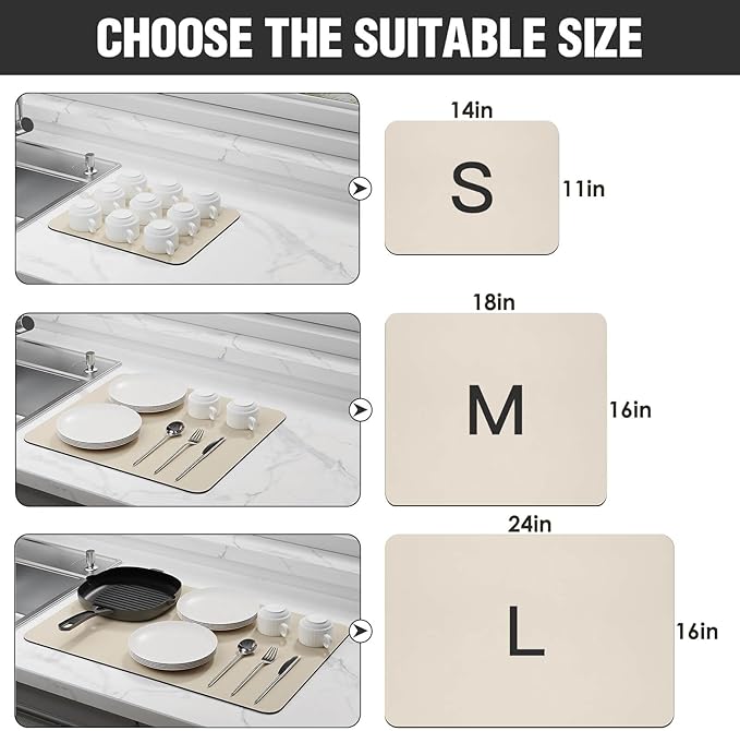 Dish Drying Mat for Kitchen Counter Super Absorbent Drainer Mats with Non-slip Rubber Backed Hide Stain Heat Resistant Easy to Clean Dish Rack Mat (Beige, S-14"x11") - Image 6