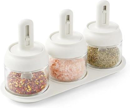 Povinmos® 3 Piece Glass Salt Container | Storage | Pepper,Table Salt, Sugar,Gourmet Salts,Spice |Chili Herbs |10 oz |Glass Salt Container with Lid and Retractable Spoon - Image 8
