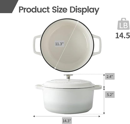 EDGING CASTING Enameled Cast Iron Dutch Oven Pot With Lid, Dutch Oven for Sourdough Bread Baking Round Pot Dule Handle, 7.5 Quart, White