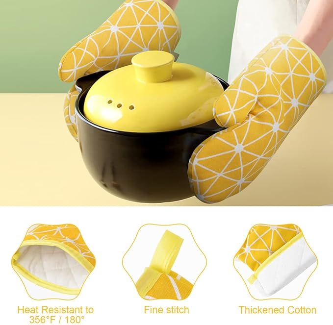 AUAUY Oven Mitts and Potholders BBQ Gloves-Oven Mitts and Pot Holders with Recycled Infill Silicone Non-Slip Cooking Gloves for Cooking Baking Grilling (6-Piece Set,Yellow) - Image 3