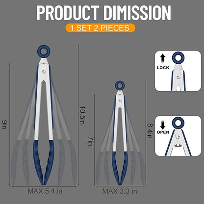 HOTEC Premium 7 & 9 Inch Kitchen Tongs, Stainless Steel Locking Cooking Tongs with Silicone Tips, Non-Scratch & Heat Resistant, Serving Tongs for Salad, BBQ, Classic Blue, Set of 2 - Image 8