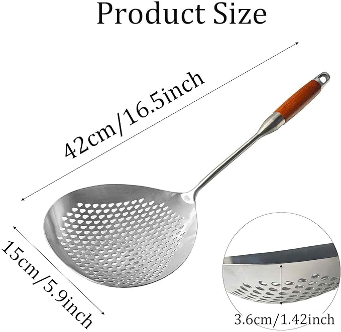 Stainless Steel Skimmer Slotted Spoon, Spider Strainer Ladle with Long Handle for Cooking, Draining Pasta, Deep Frying(Wooden Handle)