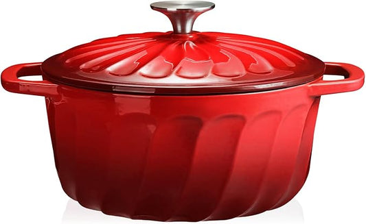 6 QT Enameled Cast Iron Dutch Oven with Lid, Non-Seasoning Enamel Coated Pot, 500°F Oven Safe, Dual Handles, Compatible with All Cooktops for Bread Baking, Braising & Stewing, White (Red,6 QT)