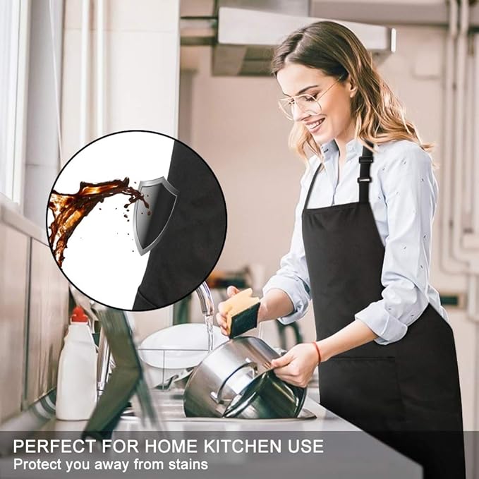 Jubatus 1 Pack Bib Aprons with 2 Pockets Cooking Chef Kitchen Apron for Women Men, Black - Image 3