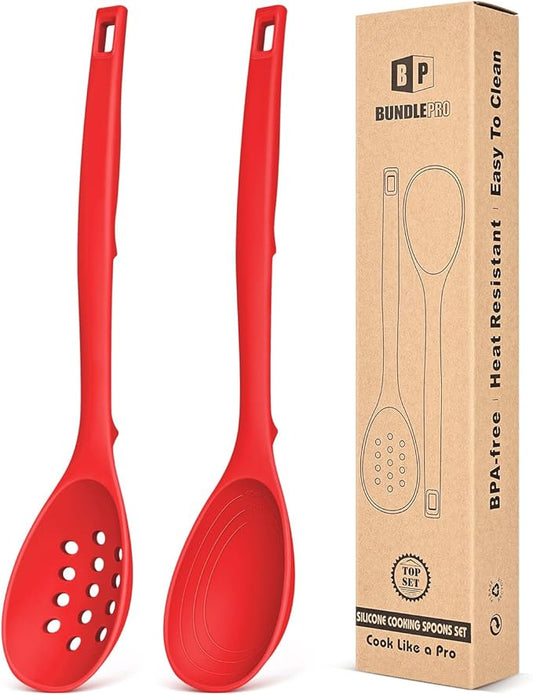 Pack of 2 Silicone Cooking Spoons, Non Stick Solid Kitchen Spoon with Measuring Marks & Back Hooks, Heat Resistant Silicone Slotted Spoon for Cooking, Mixing, Stirring,Serving (RED)