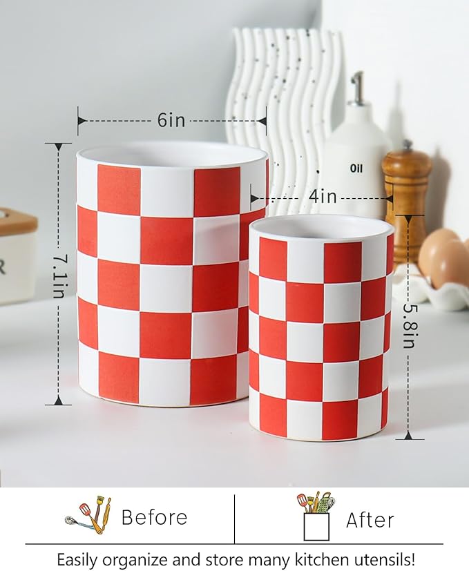 Utensil Holder，7.1"+5.8" Ceramic Kitchen Utensil for Counter top, Checkered Cooking Utensil Holder for Spatula & Spoon, Kitchen Decor, Set of 2 (Red Checkered) - Image 2