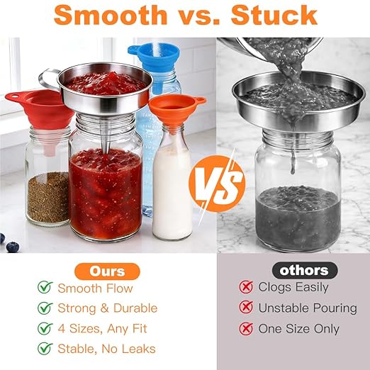 No Spill Kitchen Funnel Set, Food Grade 3 Collapsible Silicone Funnels & 1 Stainless Steel Funnel, Used for Hot Oil, Juice, Powder, Vials & More - Solves All Your Pouring Problems in the Kitchen