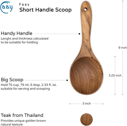 FAAY Short Handle Ladle, Eco Friendly Wooden Kitchen Tool, Hand Carved Unique Grain Server Gravy Ladle
