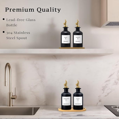 Olive Oil Dispenser Set, 2 x 11.8oz Black Glass Bottles with Auto-Flip Spouts & 2 Capped Spare Spouts, Bamboo Tray, Oil & Vinegar Cruet (Black)