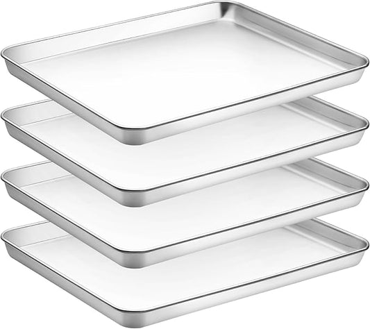 CEKEE Baking Sheet Set of 4, Stainless Steel Cookie Sheet & Baking Pan Tray, Toaster Oven Tray, Baking Pan Set, Rectangle Size 16 x 12 x 1 inch, Non Toxic, Mirror Finish & Rust Free, Dishwasher Safe by CEKEEBakingEasilyHappily