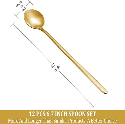 12 Pcs Coffee Spoons Set, 6.7" Gold Tea Spoons Long Handle, Gold Small Teaspoons, Stainless Steel Espresso Spoon, Long Spoon for Stirring, Coffee Bar Accessories (Pack of 2) - Image 2