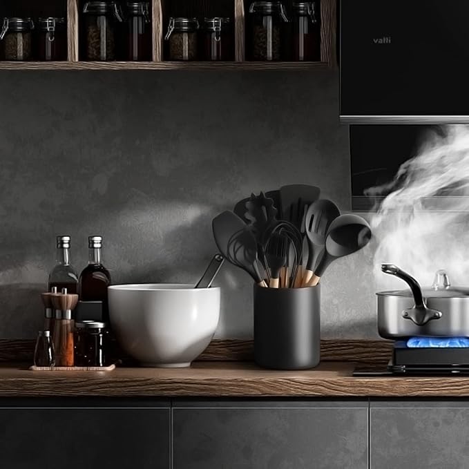 LATCHHOOK Matte Black Utensil Holder for Kitchen Counter, Ceramic Kitchen Utensils Holder for Countertop Easy to Clean, High 6.4” Modern Cooking Spatula Holder Crock for Home decor 4.5×6.4 In - Image 3