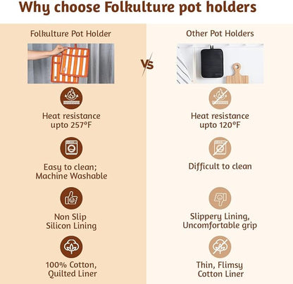 Folkulture Pot Holders for Kitchen | Pack of 2 (8x8) Ribbed Soft Silicone Hot Pads for Kitchen | 100% Cotton Cute Fall Pot Holders Set | Heat Resistant | Machine Washable | Fall Essentials