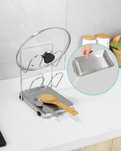 YQh pot lid holder,Two-compartment Stainless Steelcooking rack,pot lid holder while cooking,spoon rest with lid holder,spatula holder for counter,stove top shelf spoon and lid rest,pot lid organizer - Image 4