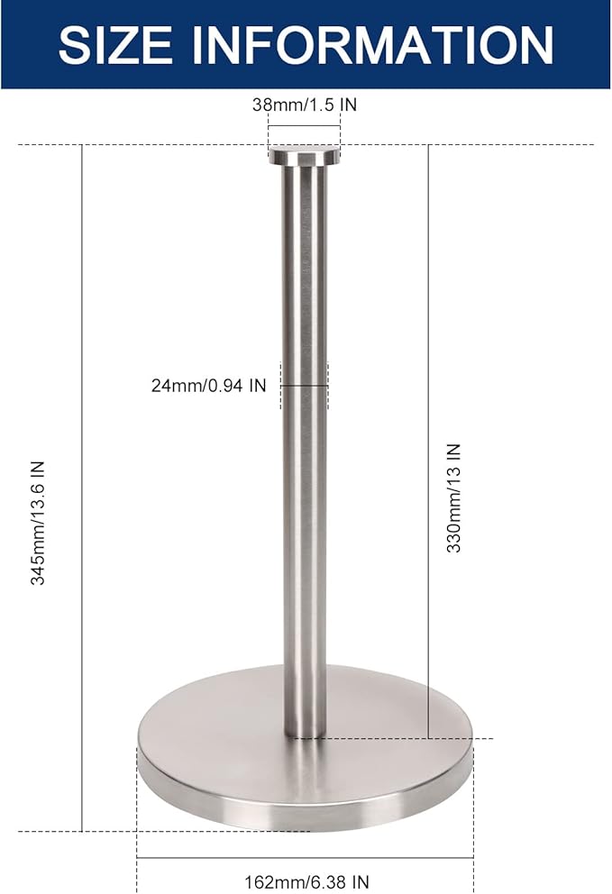 NearMoon Standing Paper Towel Holder, Kitchen Paper Towel Tissue Holder- for Bathroom Countertop, Standard or Jumbo-Sized Roll Paper (with Stainless Steel Base, Brushed Nickel) - Image 2