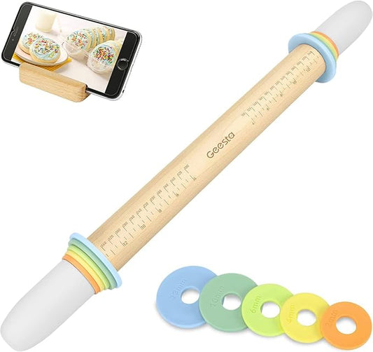 Geesta Adjustable Wood Rolling Pin with 5 Thickness Rings, Precise Dough Roller Handle Press Design with Measurement Guide for Baking Fondant, Pie Crust, Cookie, Pastry - Baking Essential by Geesta