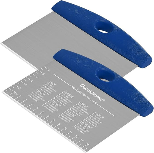 Ourokhome 2 Pack Bench Scraper Dough Cutter, Stainless Steel Dough Scraper with Laser-Etched Scale, Conversion Chart, Non-Slip Handle, Dishwasher Safe for Bread & Pastry, Blue by Ourokhome