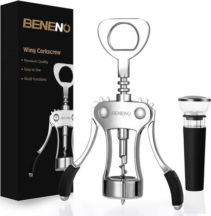 Beneno Wine Opener with Silicone Leak Proof Wine Vacuum Stopper, Zinc Alloy Premium Wing Corkscrew with Multifunctional Bottles Opener, Matte Black by Beneno