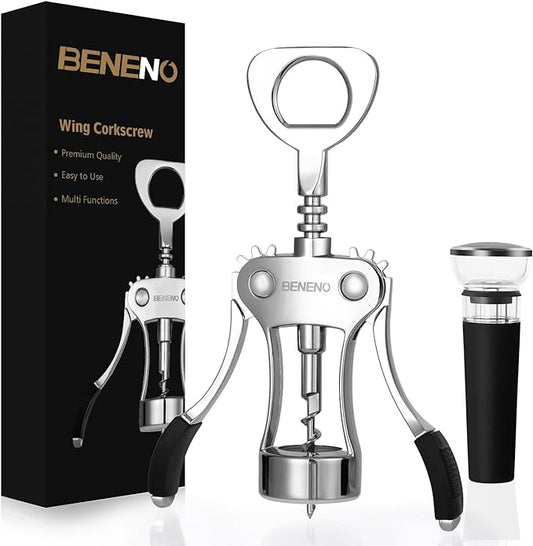 Beneno Wine Opener with Silicone Leak Proof Wine Vacuum Stopper, Zinc Alloy Premium Wing Corkscrew with Multifunctional Bottles Opener, Matte Black by Beneno