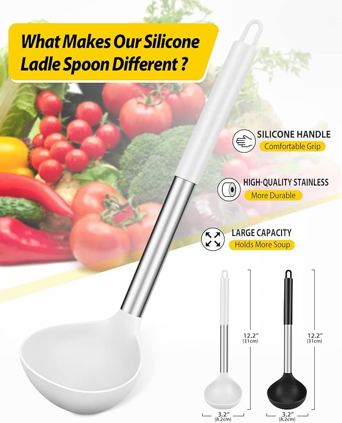 Pack of 2 Ladle Spoon,Silicone Large Spoon for Soup,Non Stick Kitchen Utensils with High Heat Resistant,BPA Free Perfect Kitchen Tools for Cooking, Stirring,Serving Soups (BLACK-WHITE) - Image 2