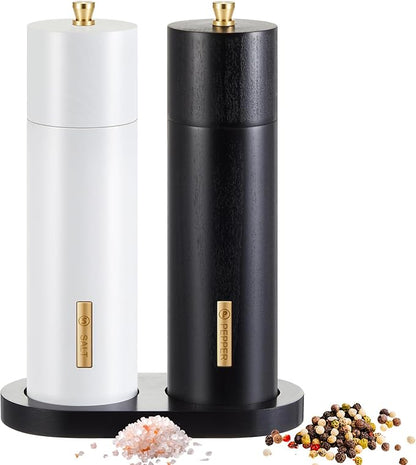 Wooden Salt and Pepper Grinder Set Manual Salt and Pepper Mill with Tray Adjustable Coarseness Refillable Wood Grinders with Gold Bottle Label for Kitchen (Black,White,8 Inch) by LOYIM