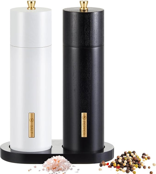 Wooden Salt and Pepper Grinder Set Manual Salt and Pepper Mill with Tray Adjustable Coarseness Refillable Wood Grinders with Gold Bottle Label for Kitchen (Black,White,8 Inch) by LOYIM