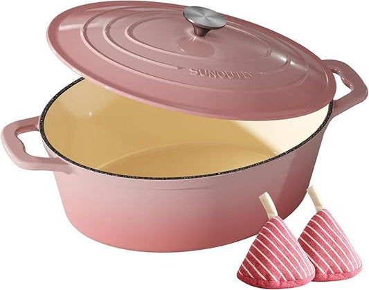 Enameled Cast Iron Dutch Oven - 9.3QT Dutch Oven Pot with Lid & Cotton Potholders - Heavy-Duty Non Stick Casserole Pot for Braising, Stews, Roasting, Baking, Suitable for All Stovetops, Gentle Pink by SUNOUTLY
