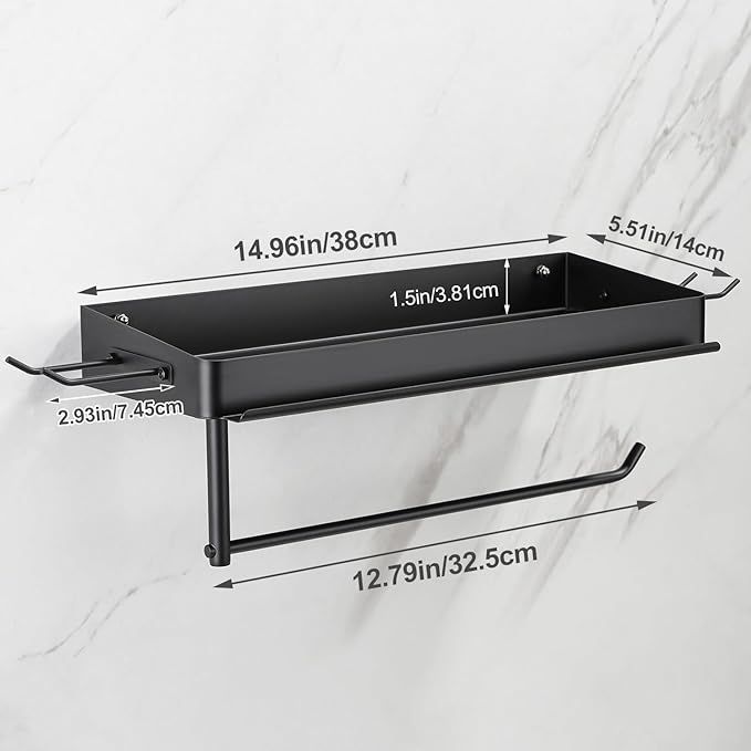 Taozun Garage Paper Towel Holder, Wall Mount Shelf, Shop Towel Holder, One-Hand Tear, Paper Towel Holder Wall Mount with 4 Detachable Hooks for Garage Organization and Storage(Black)